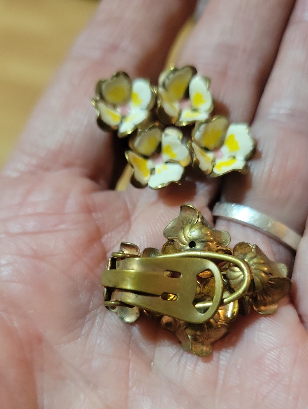 Gold-Tone Floral Clip-On Earrings with White and Yellow Enamel